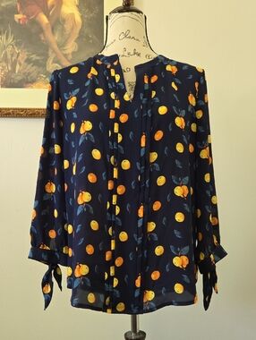 41 Hawthorne Navy Citrus Print Tie-Sleeve Blouse